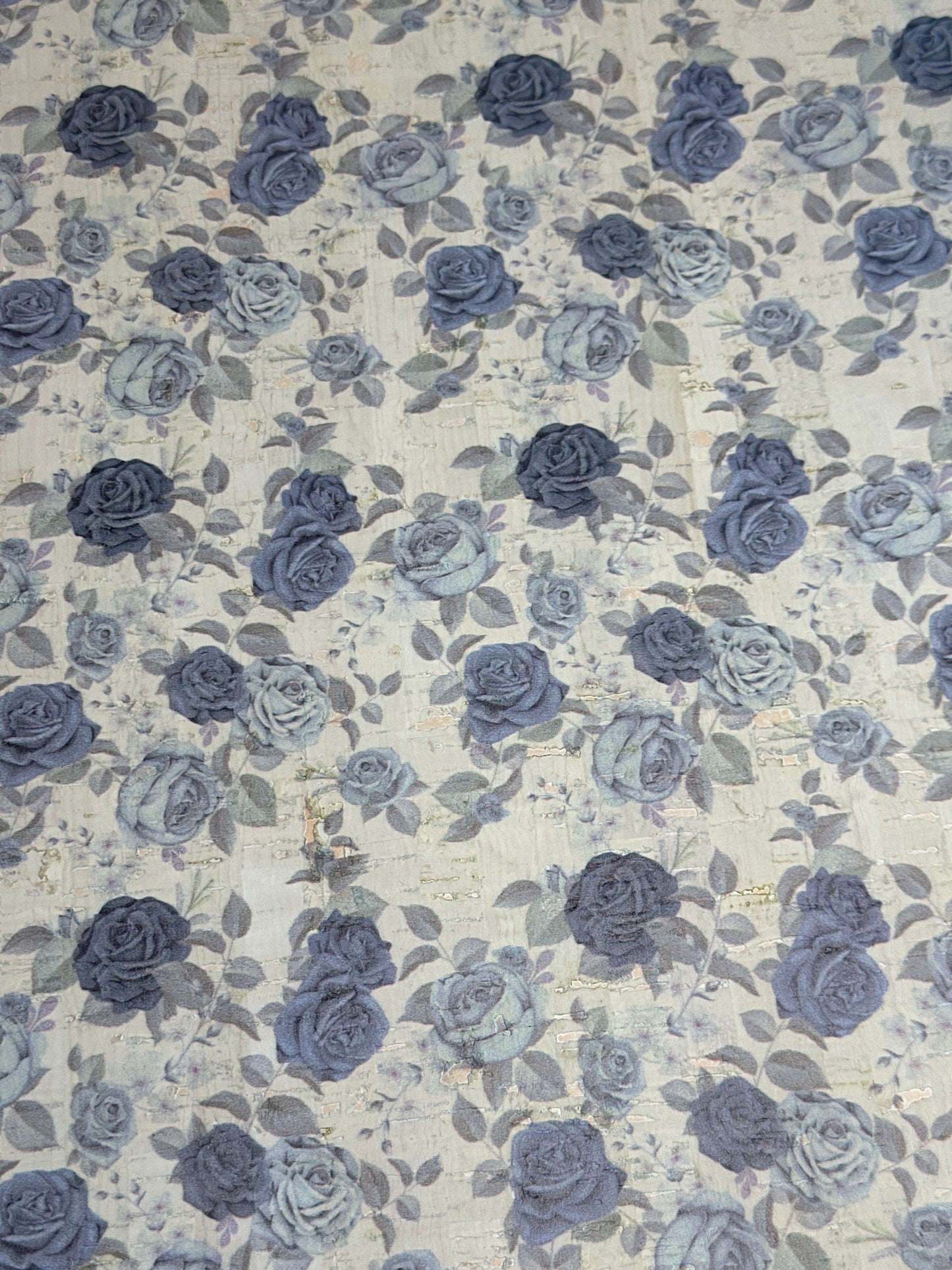 Blue Gray Roses Cork Fabric