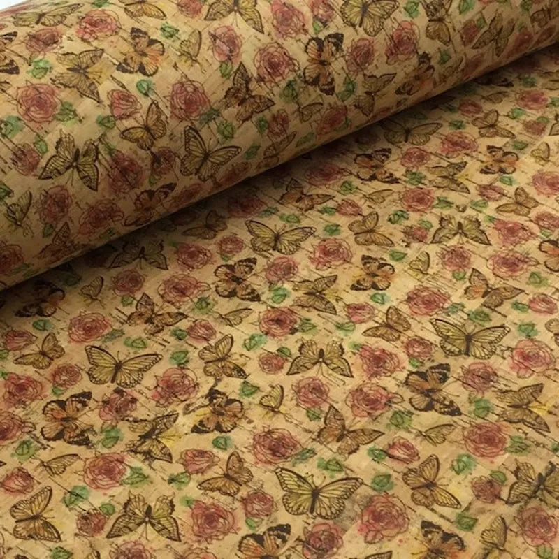Natural Butterfly Roses Cork Fabric
