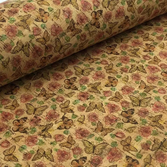 Natural Butterfly Roses Cork Fabric
